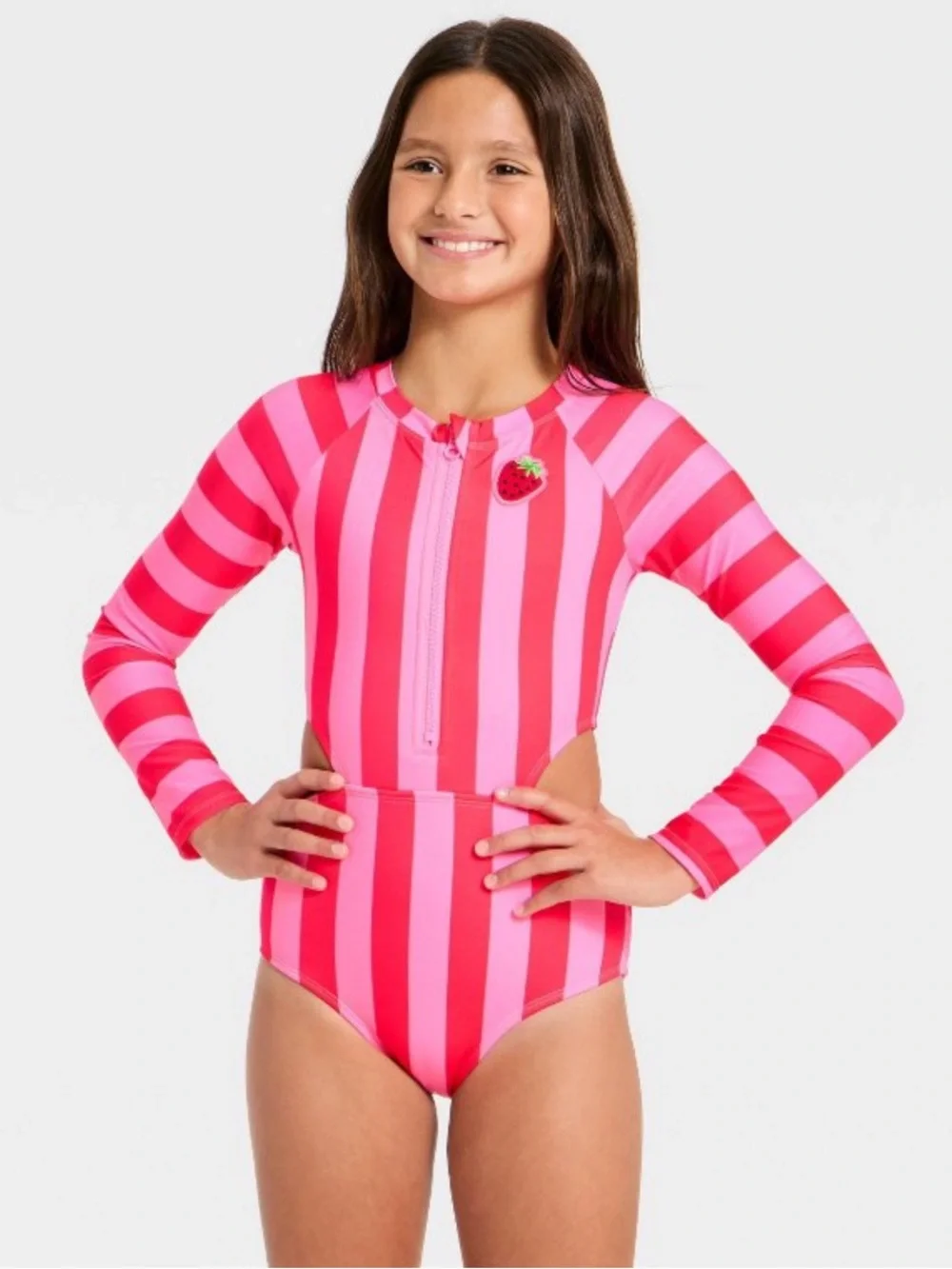 Cat & Jack Girls' Long Sleeve Beach Umbrella Striped One Piece Swimsuit - Pink S